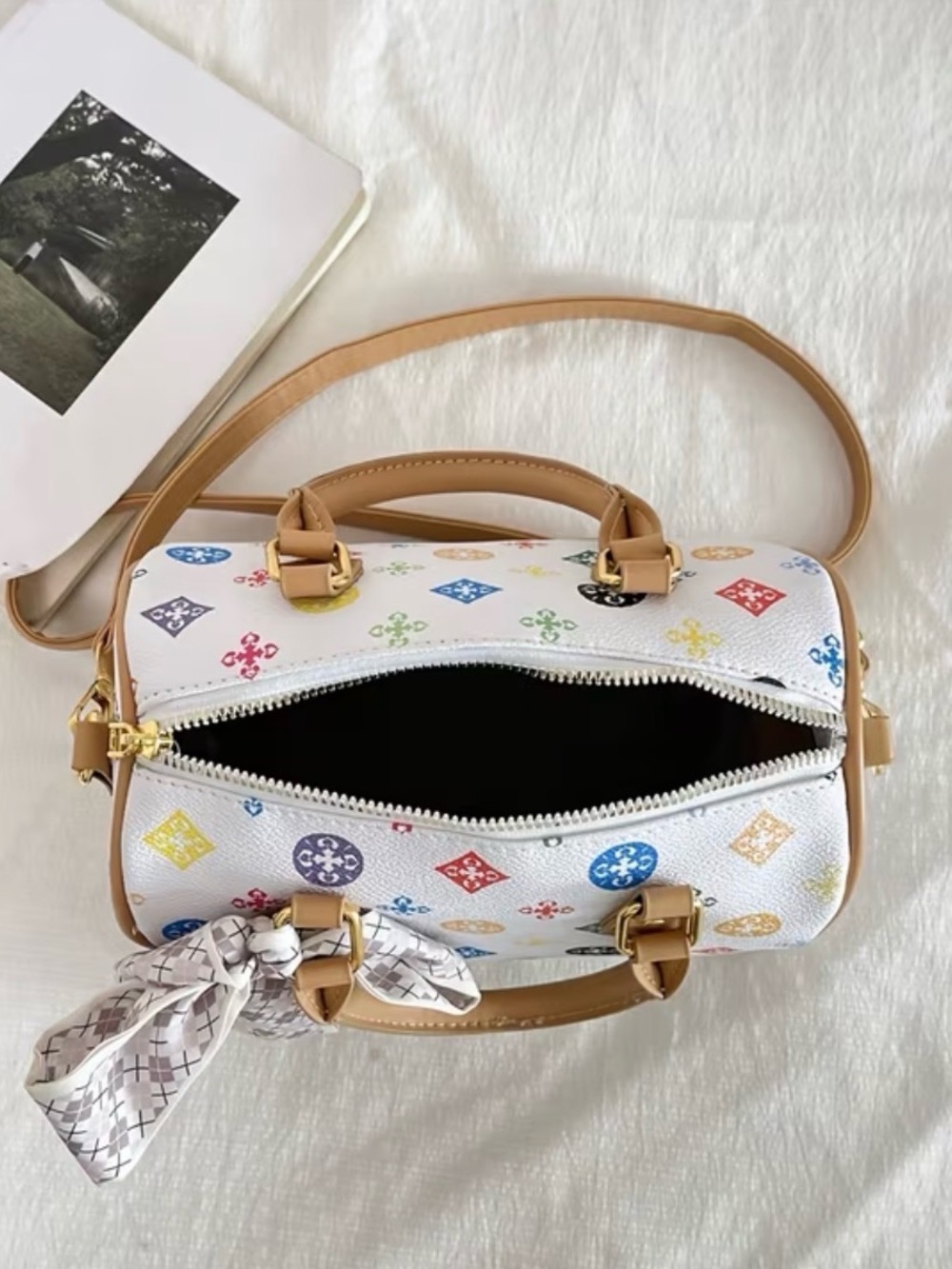 White Multicolor Pattern Mini Satchel with Tan Handles & Crossbody Strap - Picture 3 of 6